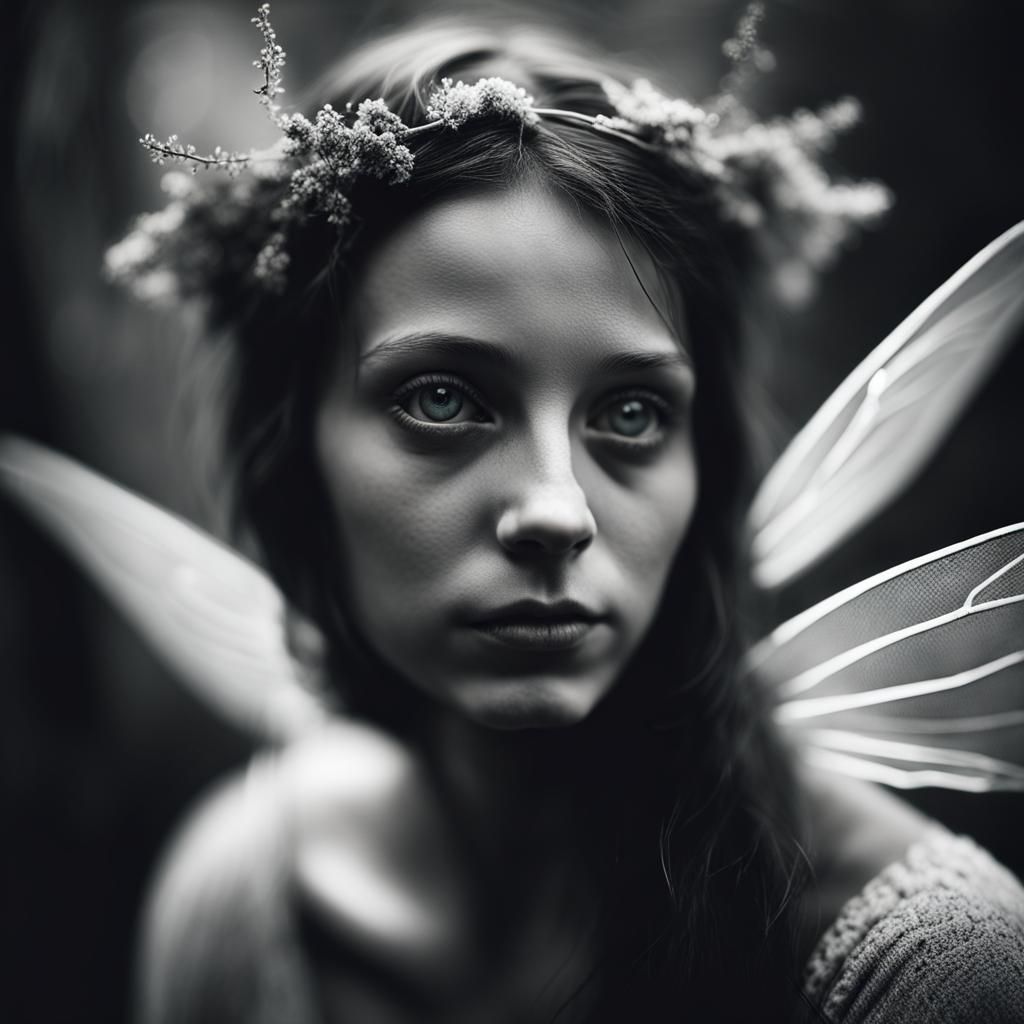 Infrared photo, apparition of a Fey girl with fairy wings , Close up ...