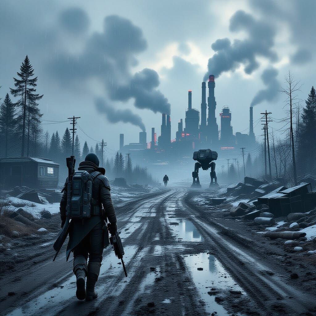 A lone figure in sci fi clothing walks on a muddy road, with water puddles. He has a futuristic rifle hanging from his shoulder. The side of...