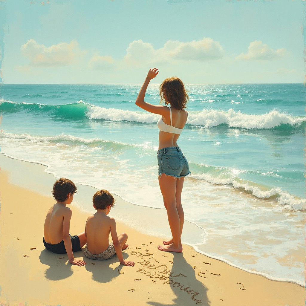 Dreamy Seaside Scene with Siblings Writing in Sand