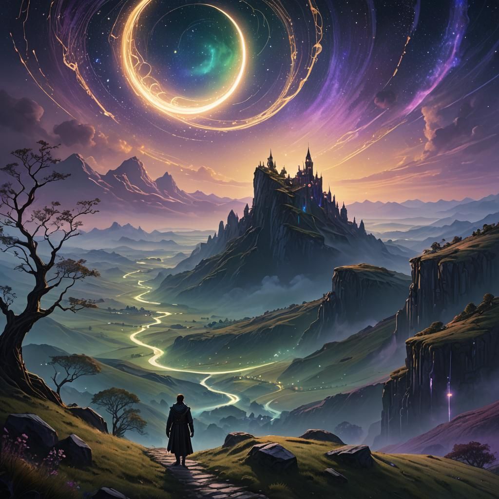 Mystical Figure Walks Thin Thread in Dreamscape