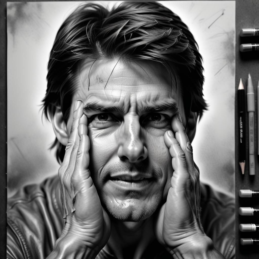 a portrait of tom cruise, hyperrealistic sketch, grayscale