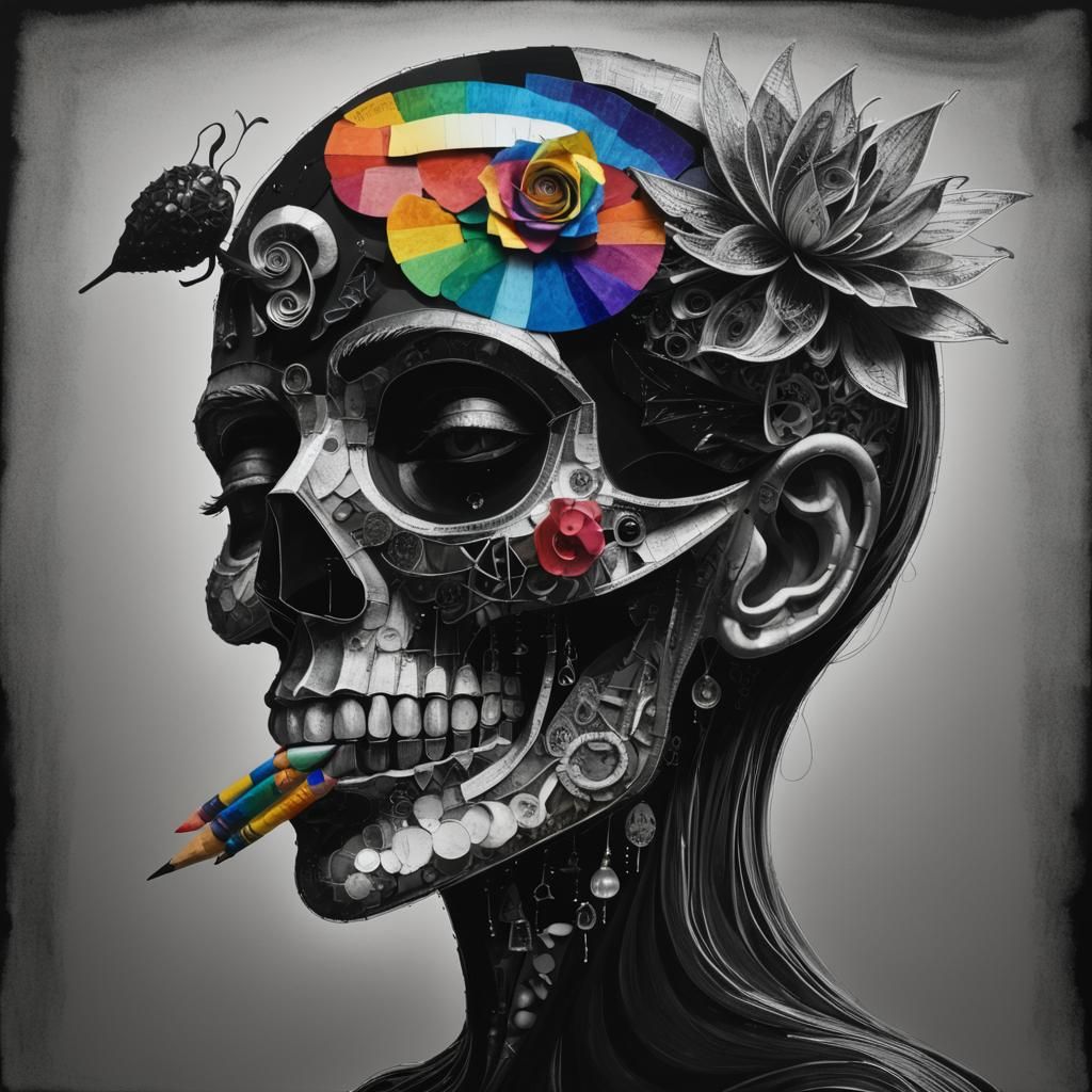 Kids Crayon drawings ,surreal child's drawing  of Halloween , trick or treat , rayograph Man Ray collection of random b&W objects, light ref...