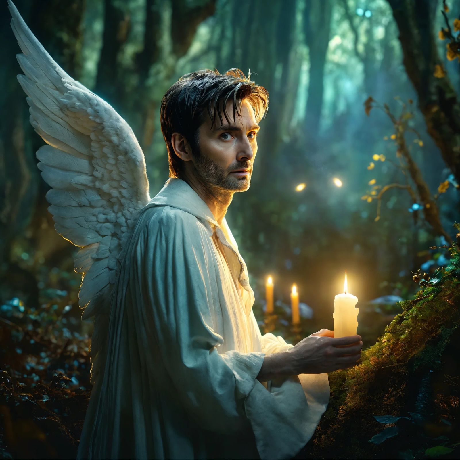 David Tennant as an angel inside an enchanted forest