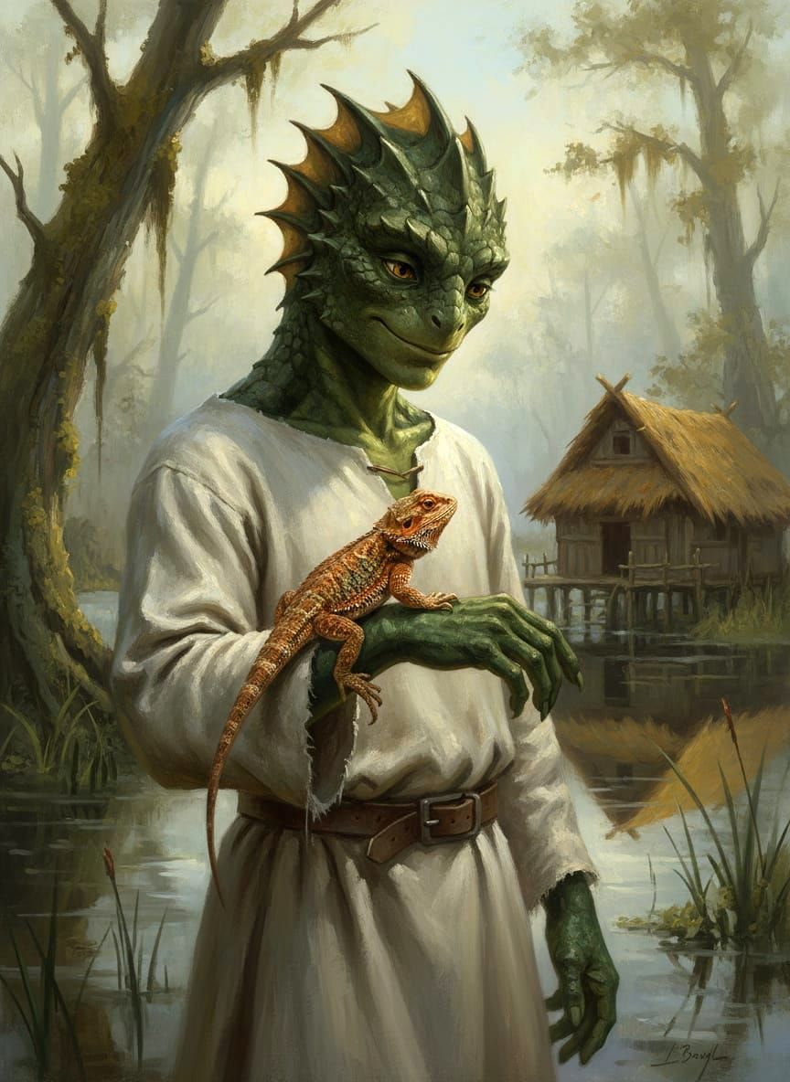 An Argonian with his pet Bearded Dragon at home in the Black Marsh of Tamriel  by @DavidP