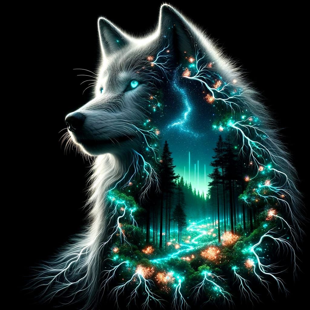 8K resolution close up double exposure full body of a wolf full of the living bioluminescent forest at night. elegant hyperealistic internal...