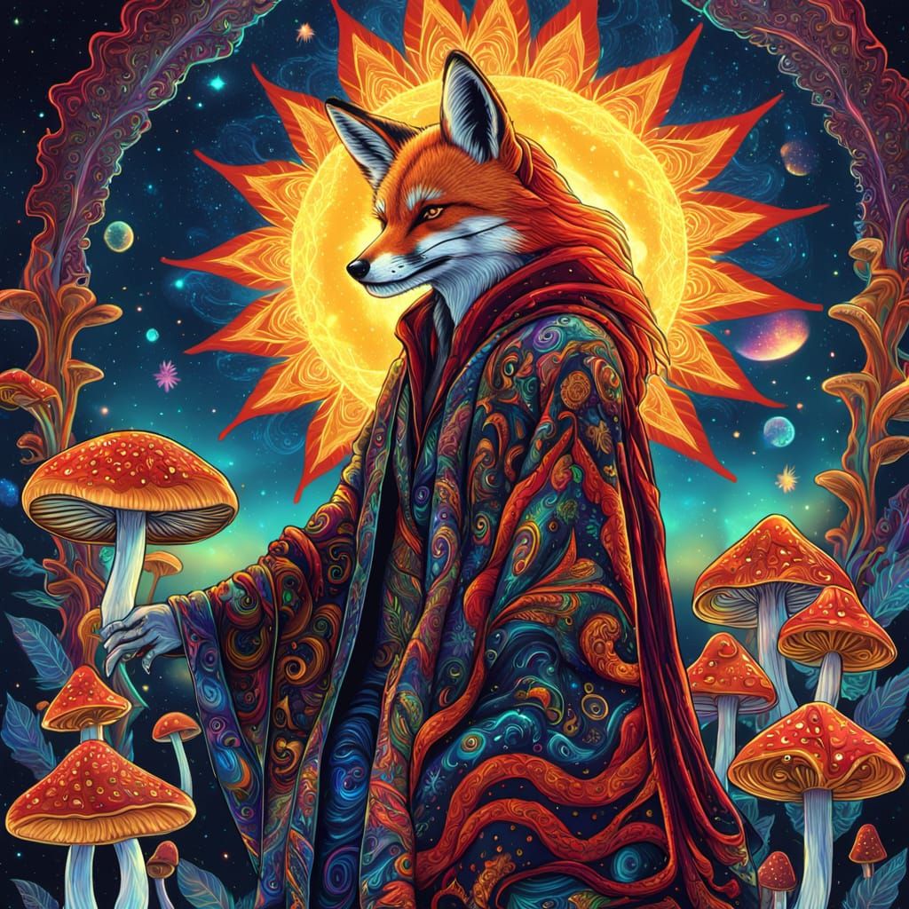  psychedelic red fox-man with dark-blue glowing energy eyes. Wearing long flowing magic robes with ornate colourful outer space