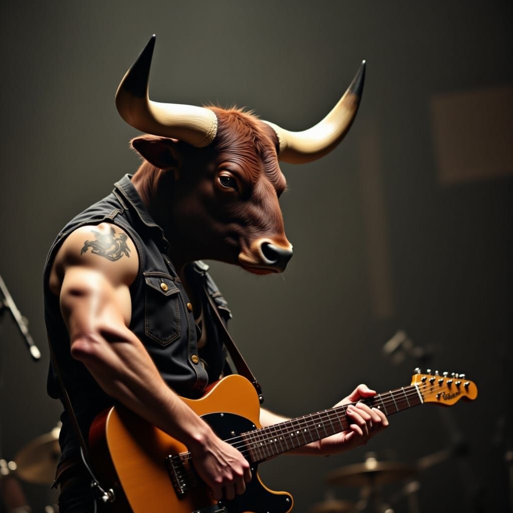 A theriocephalic man with bull head is slamming on his guitar. <lora:Theriocephaly:1.0>