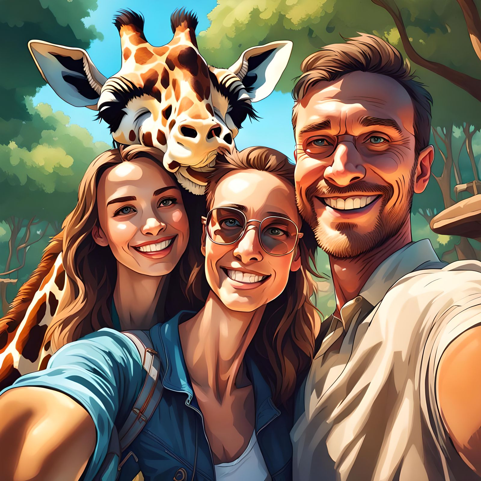 A man and woman taking a selfie at a zoo, a giraffe photobomb the photo, large smiley face and wide eyes ...  by @Irene