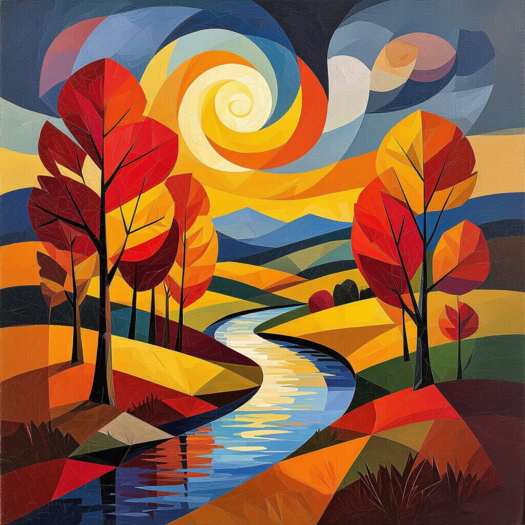 Picasso Style Autumn Landscape with Cubist Elements
