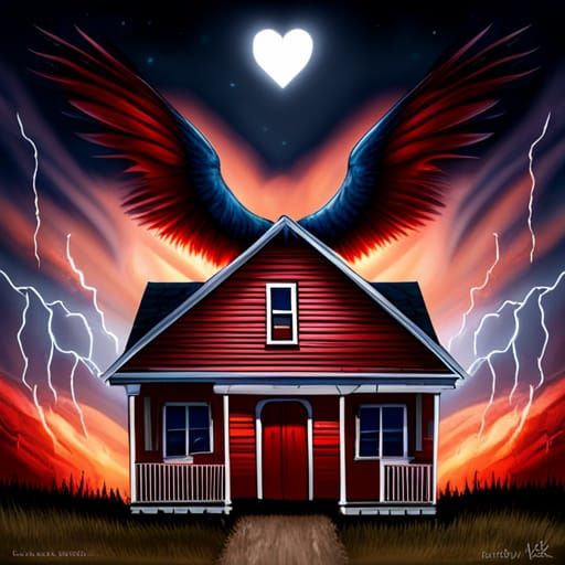 heart wings dark sky house haunted place fire sinister by Greg Rutkowski Black creepy True shadows