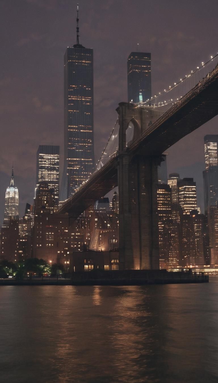1980's new York twin towers skyline from Hudson river at night Cinematic film still, shot on v-raptor ...  by @Usagihoukou