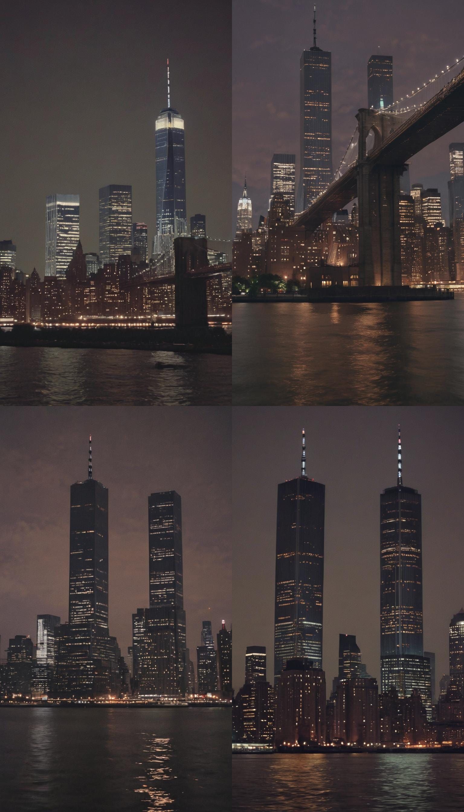 1980's new York twin towers skyline from Hudson river at night Cinematic film still, shot on v-raptor XL, film grain, vi...
