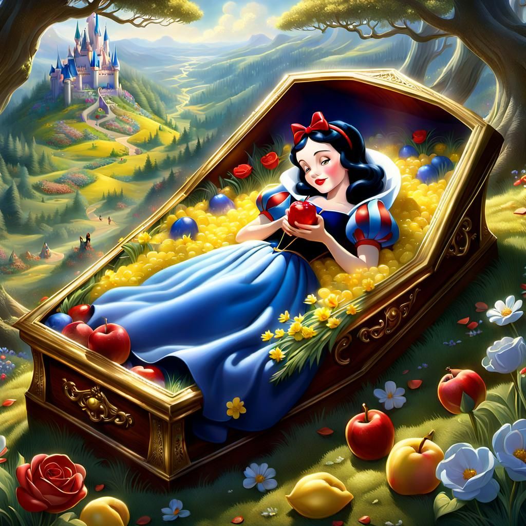 Snow White Inside An Open Casket With Golden Flowers Holding...