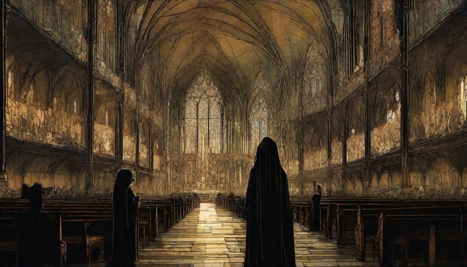 Dark oil painting with a person in a large church meeting a creepy nun ...