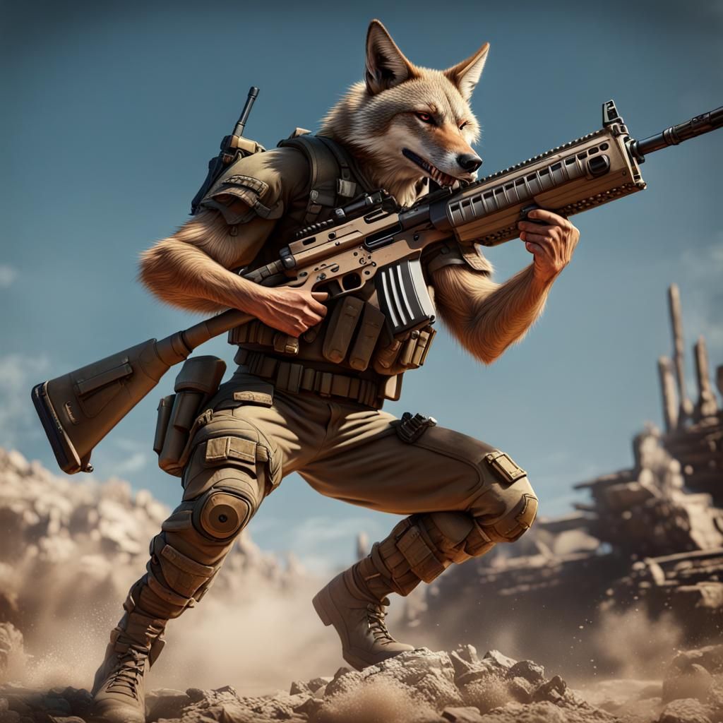 A snarling coyote soldier holding a huge assault rifle.  Ext...