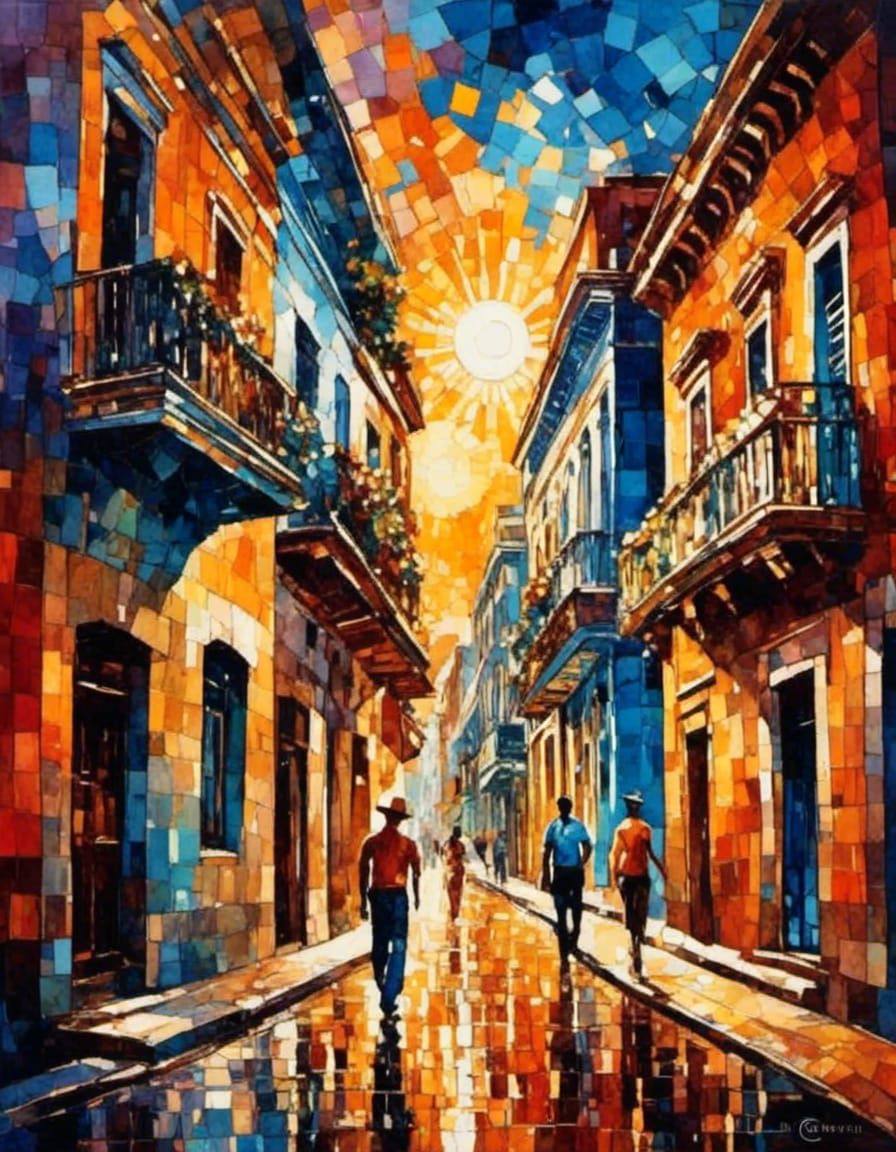 Havana street scene with celestial sky at sunset <lora:Boho Psychedelica:1.0> 