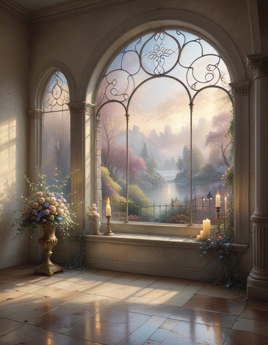 Ethereal Arched Window with Soft Light in Watercolour