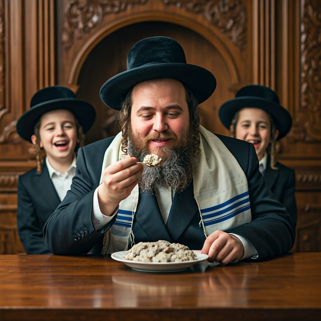 Hasidic Man Enjoying Gefilte Fish