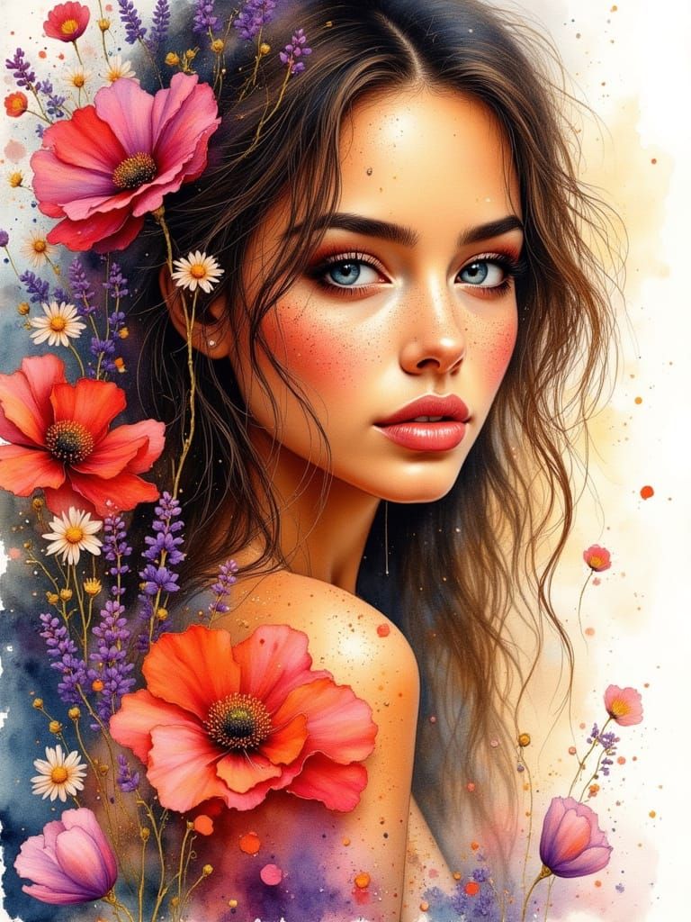 Dreamlike watercolor portrait of a stunning wo...  by @Deni