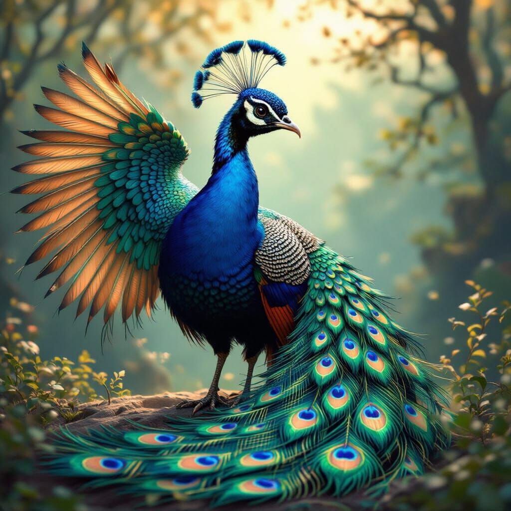 
Create the image of a peacock dragon. Brightly colored wings and a large lush peacock feather tail. Feathered wings and a beautiful feather...