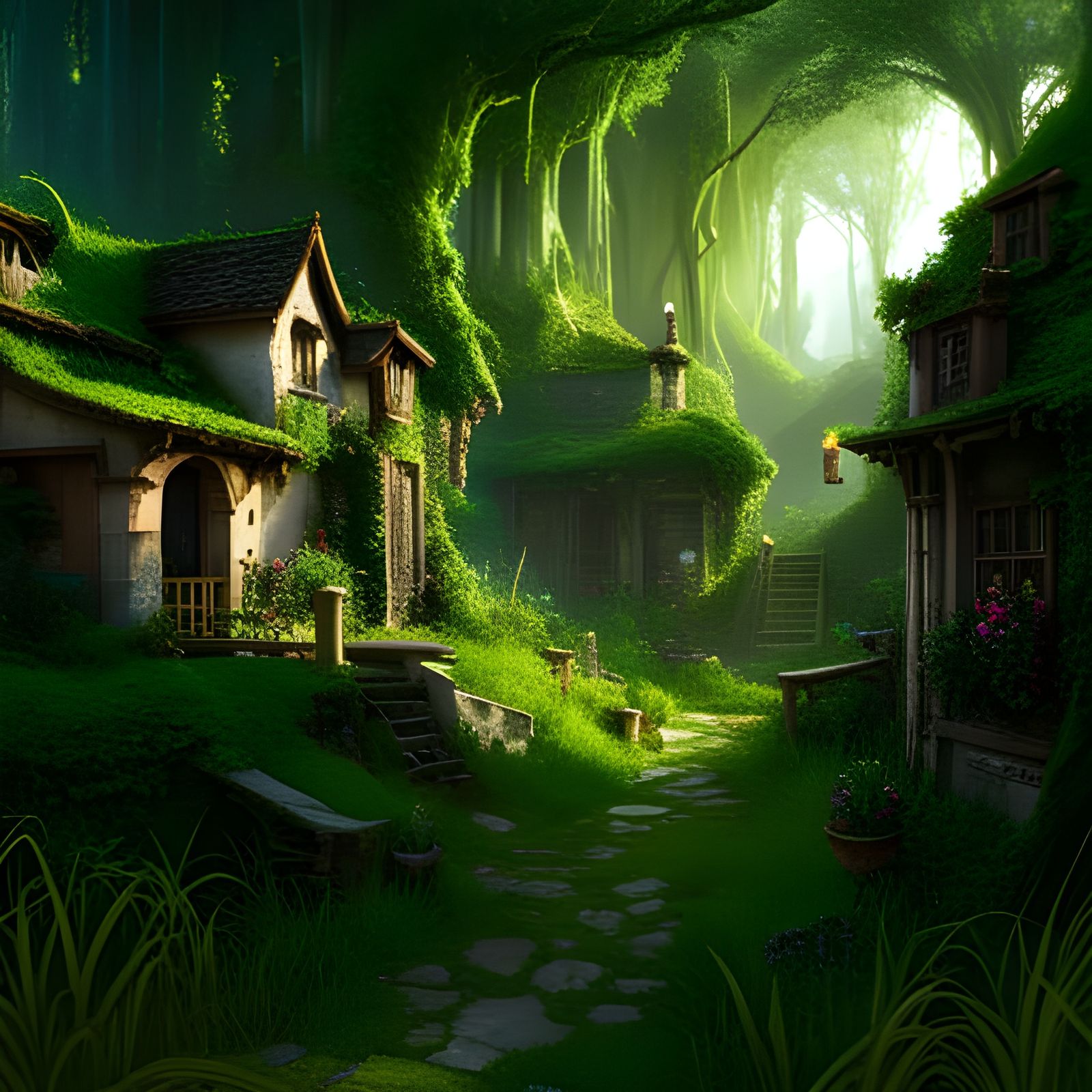 Town with overgrown vines and moss   by @Kim