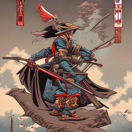 rat samurai in style of Hokusai