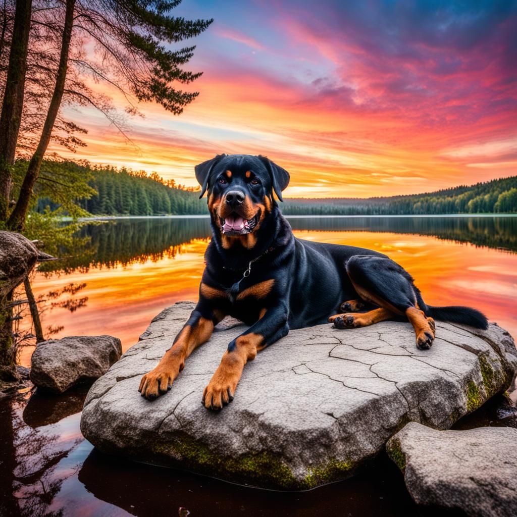 Rottweiler laying on a rock in front of a forest-lake during...