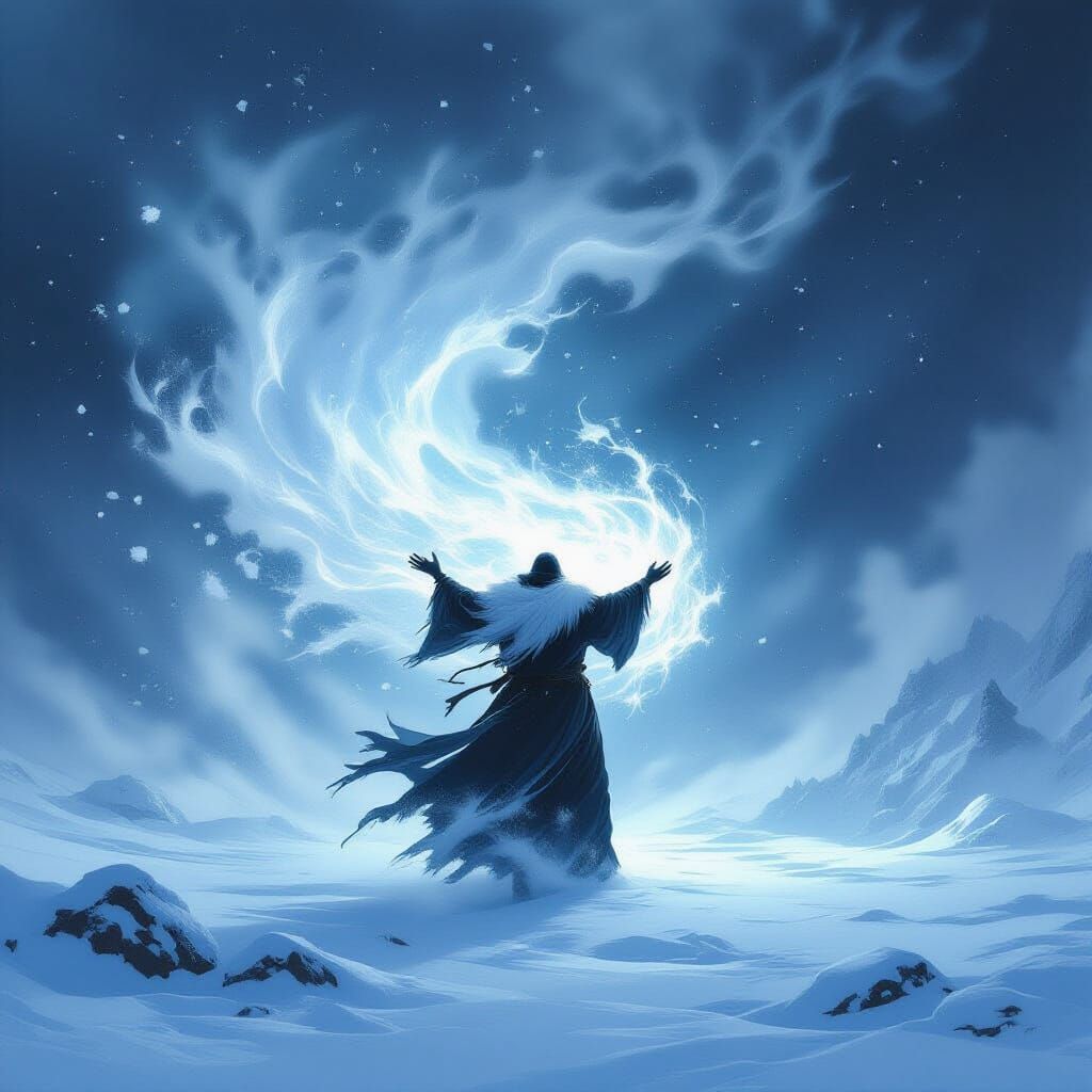 Majestic Figure Spreading Snow and Frost in Epic Fantasy Sty...