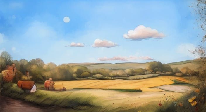 Whimsical Watercolor Village Scene in Golden Light