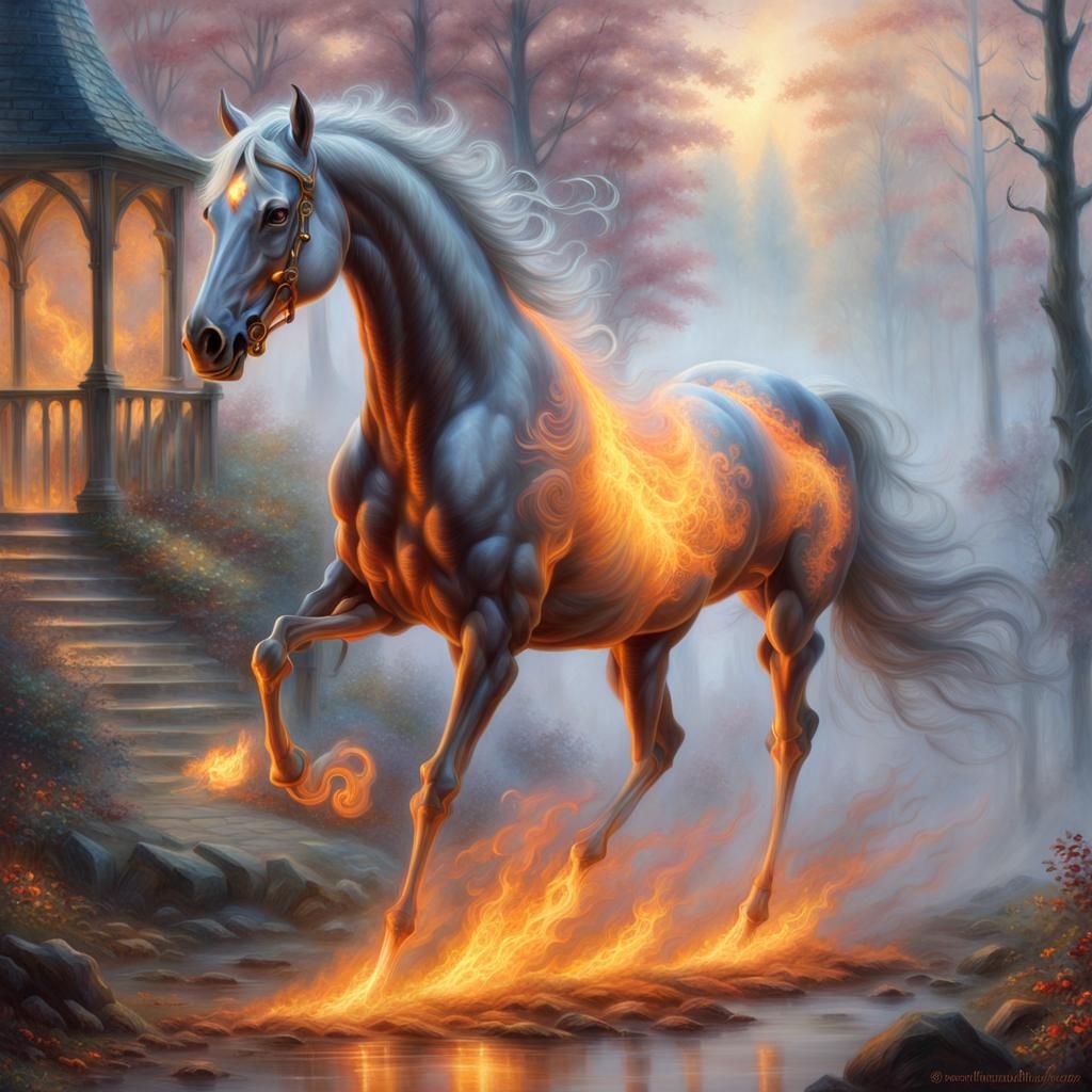 skeleton horse with a translucent skin and a fire aura