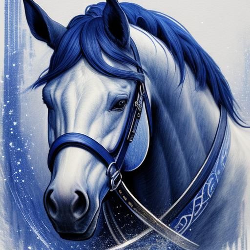 Pencil art, (horse) , blue and white,