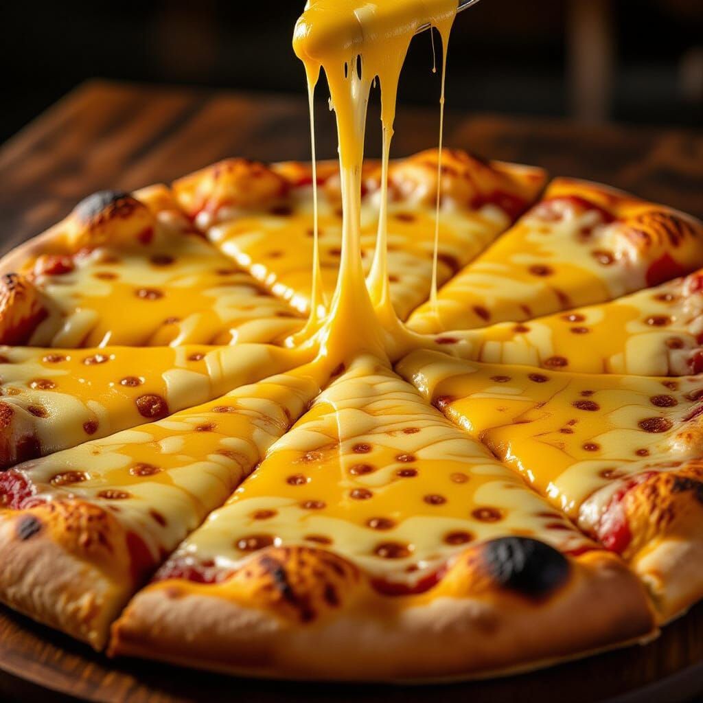 Giant Pizza With Dripping Cheese Close-Up Food Photography