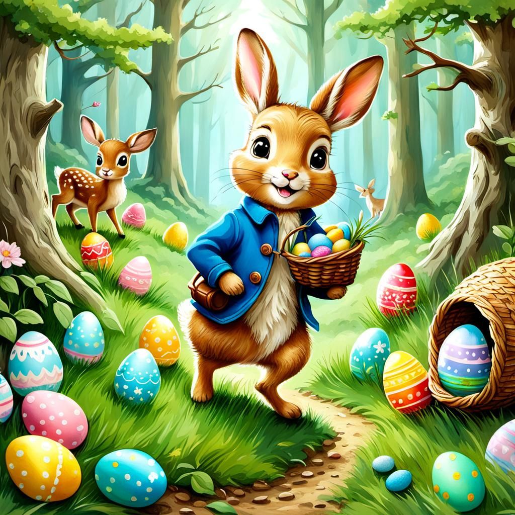 Peter Rabbit hunting Easter eggs in the forest, whimsical deer, chibi, happy, painting   by @HarrietM