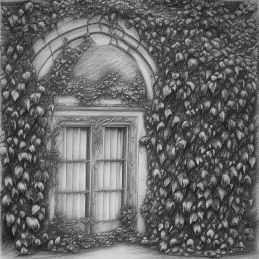 a pencil sketch of overgrowing old castles covered in vines, ivy and