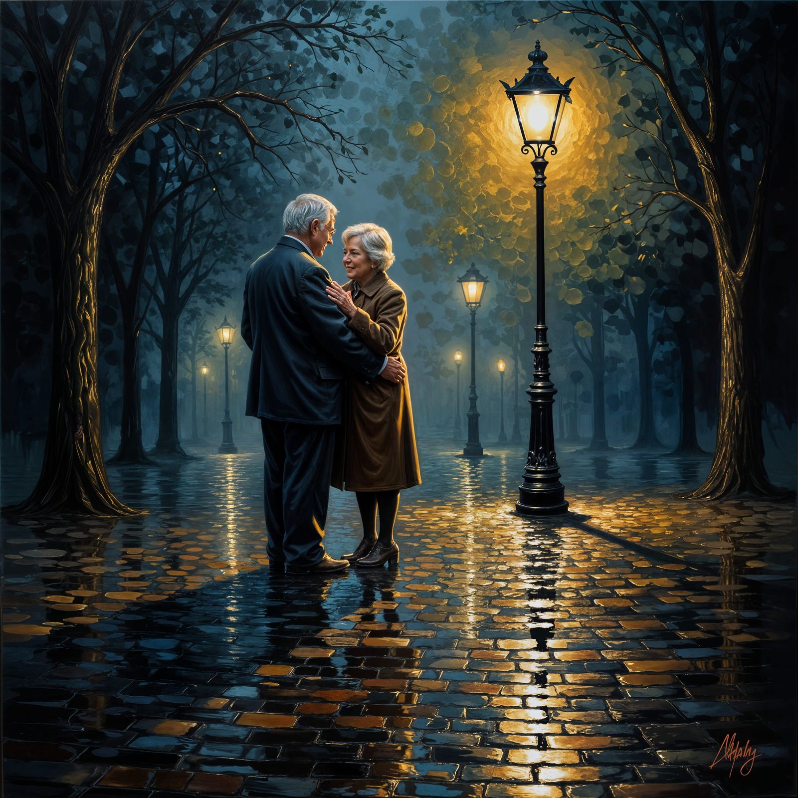 Masterpiece 🏆, A profoundly tender and timeless oil painting rendered with exquisite, visible impasto brushstrokes, depicting an elderly cou...