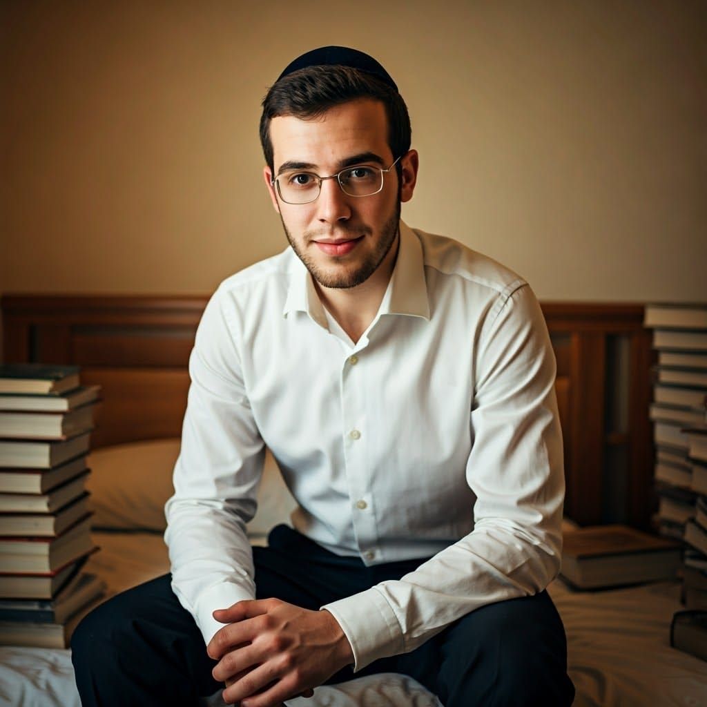 Orthodox Jewish Young Man with Intense Gaze in Traditional A...