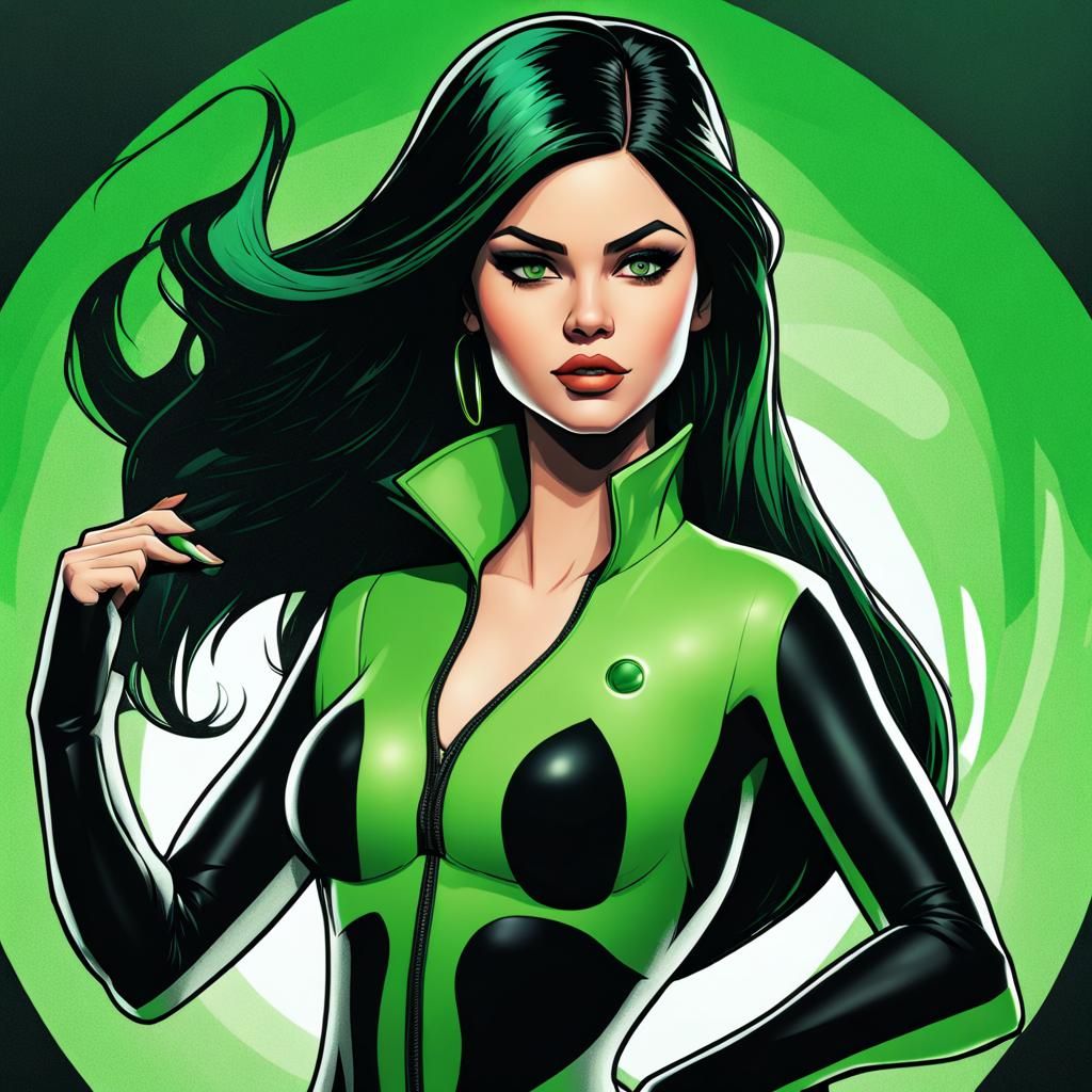 Selena Gomez As Shego From Kim Possible, Deep Black Hair, Cartoonish 