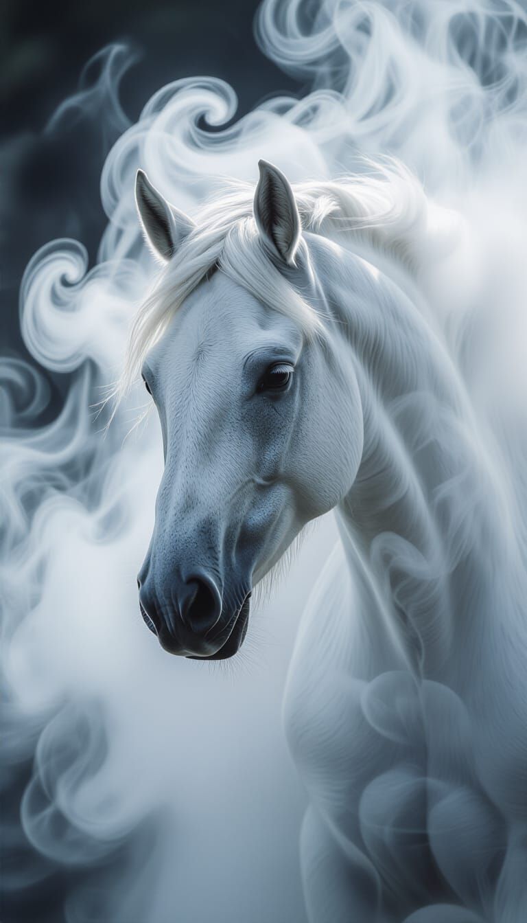 close-up, lowered head, a horse made of smoke, floating in the air, by akos major, abstract, motion bur, ...  by @Joe