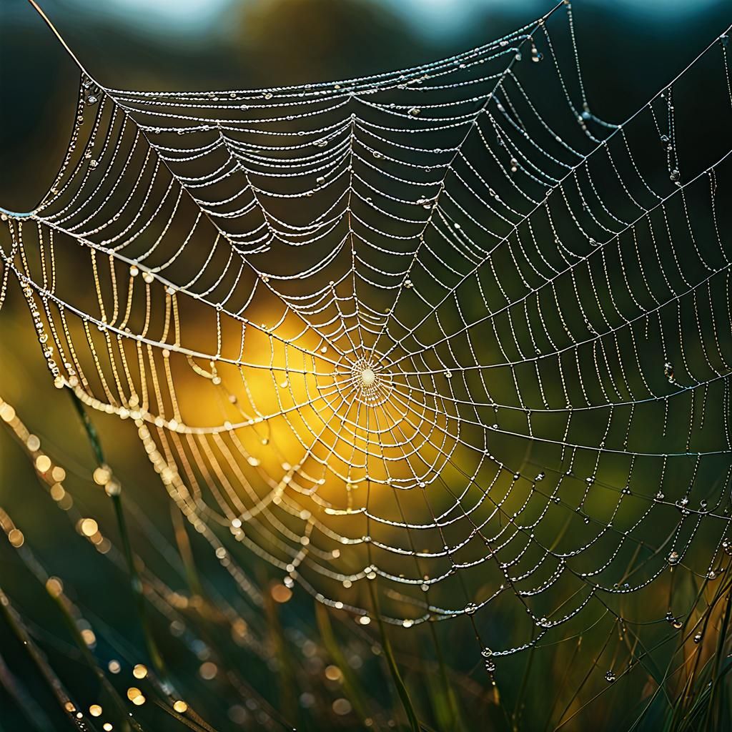 A close up of a spiderweb, covered in dew drops, backlit by soft ...