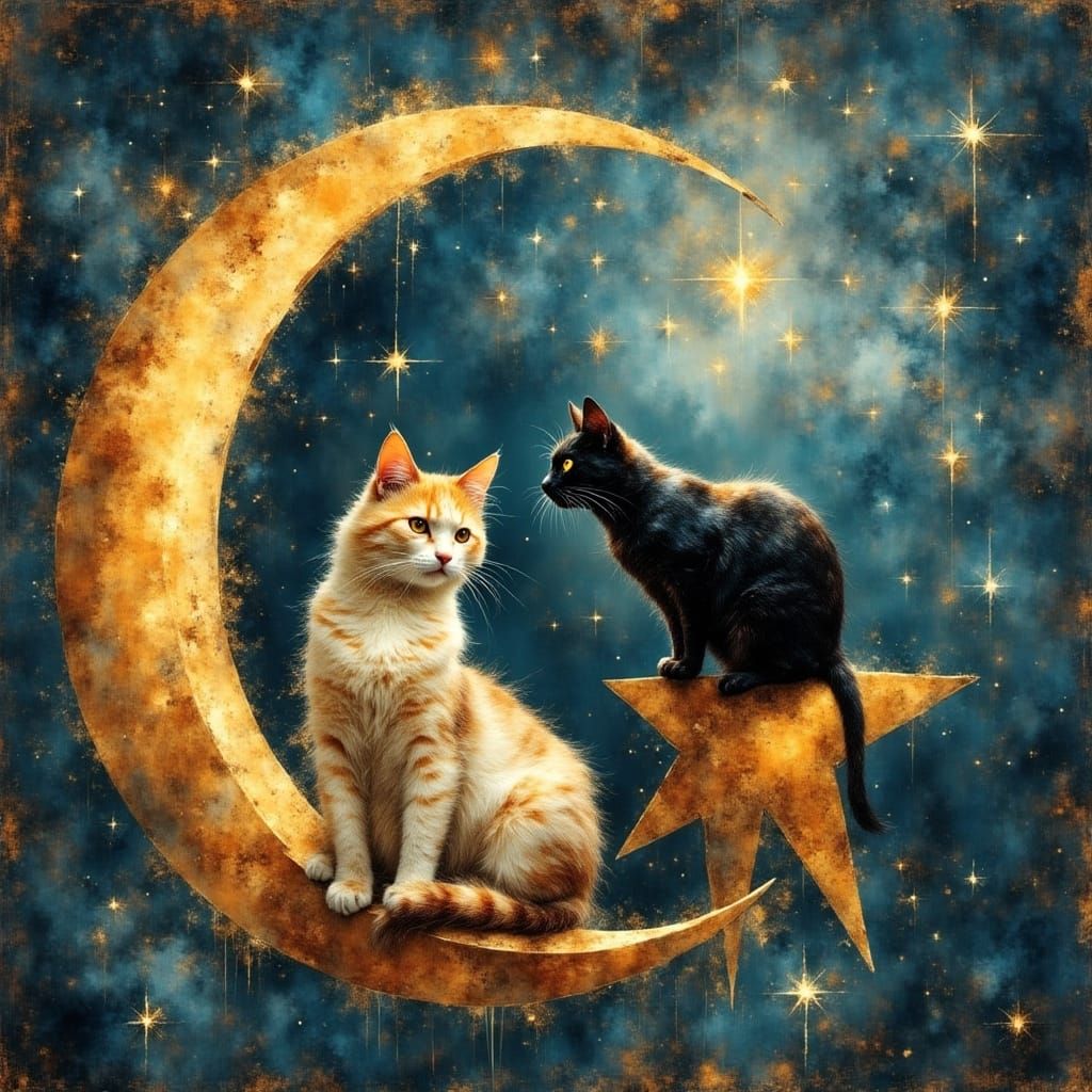 Tabby Cat on Moon, Black Cat on Star