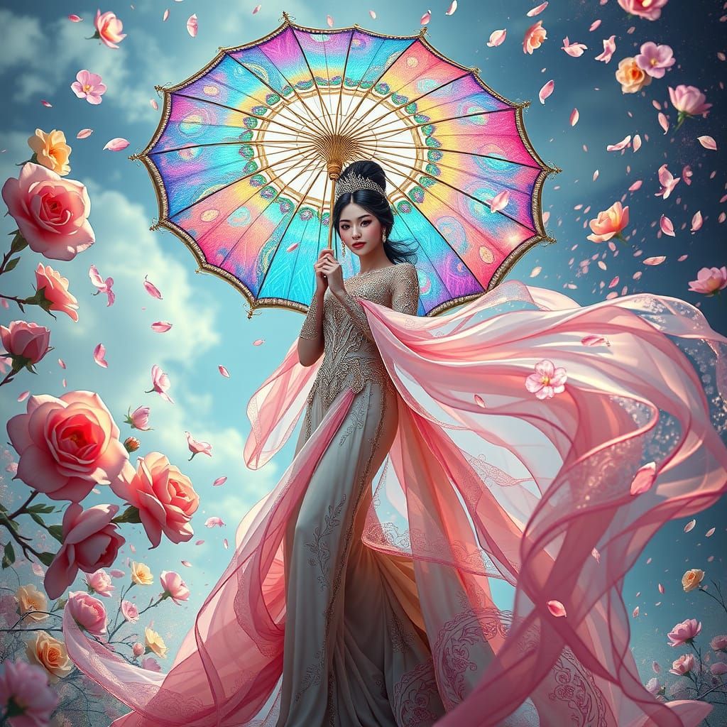 Regal Woman in Vibrant, Iridescent Gown and Bejeweled Umbrel...