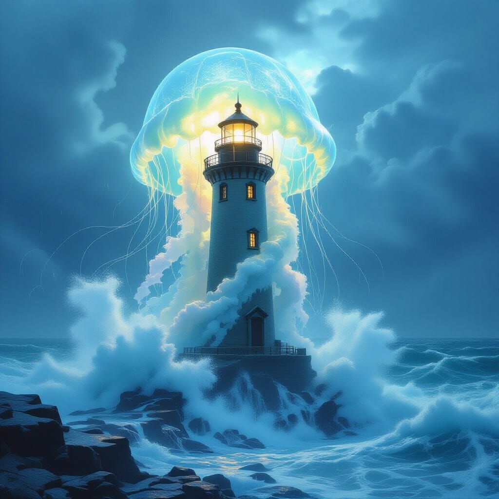 Glowing Jellyfish Hugs Lighthouse in Storm