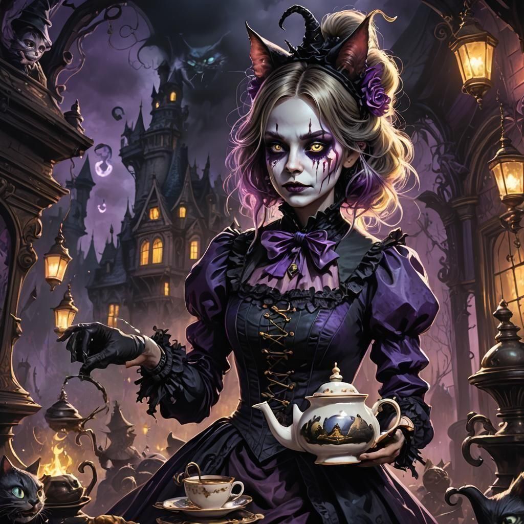 Dark Alice in Wonderland
Alice, but with a dark, twisted flair—her outfit is a mix of Victorian and Gothic fashion, with a teapot that drips...