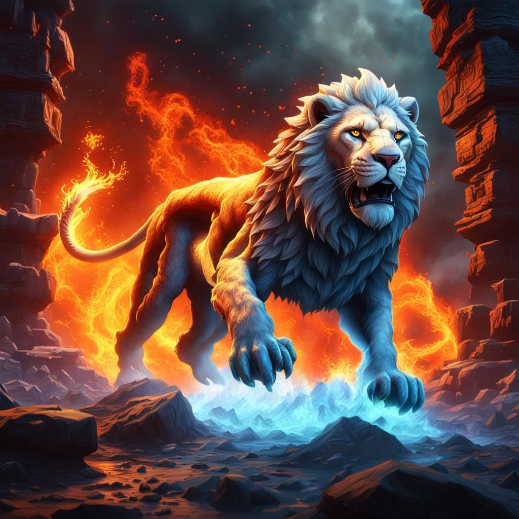 Ice Lion jumping into pit of fire