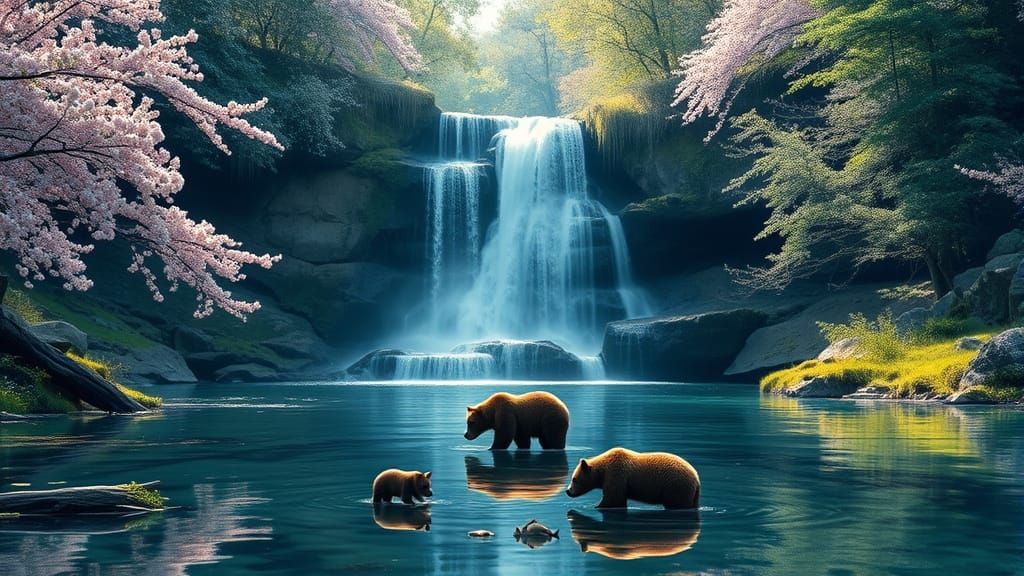 Bears at the bottom of beautiful waterfall.