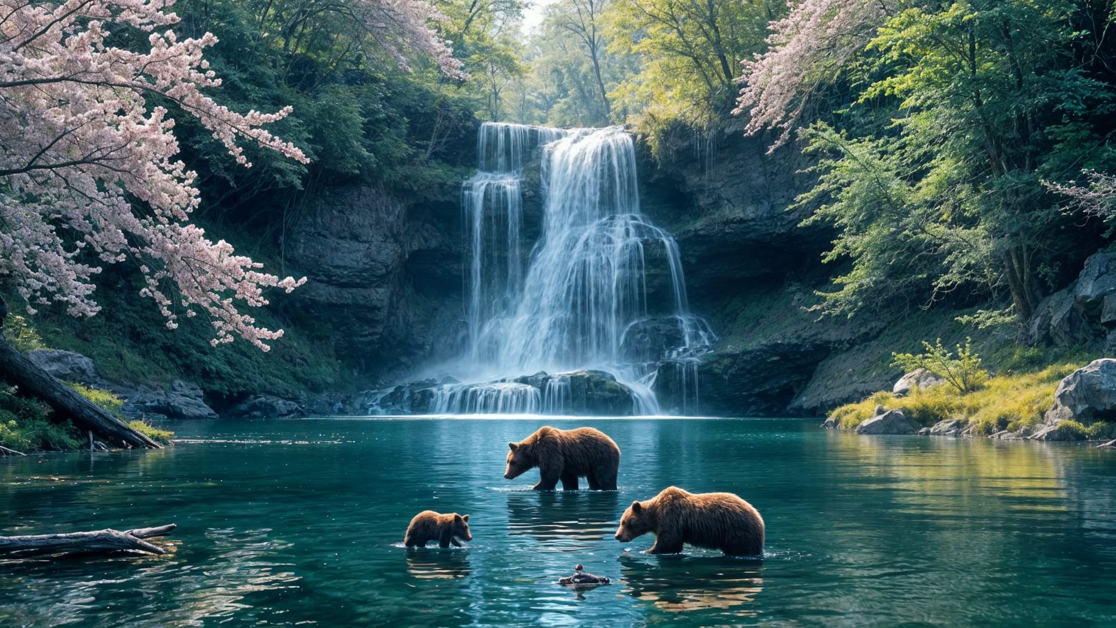 Bears at the bottom of beautiful waterfall.  by @Dantonio