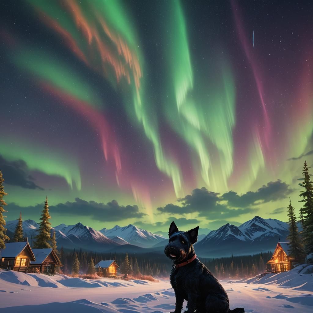 black terrier dog named Aaron in front of very bright northern lights of all colours