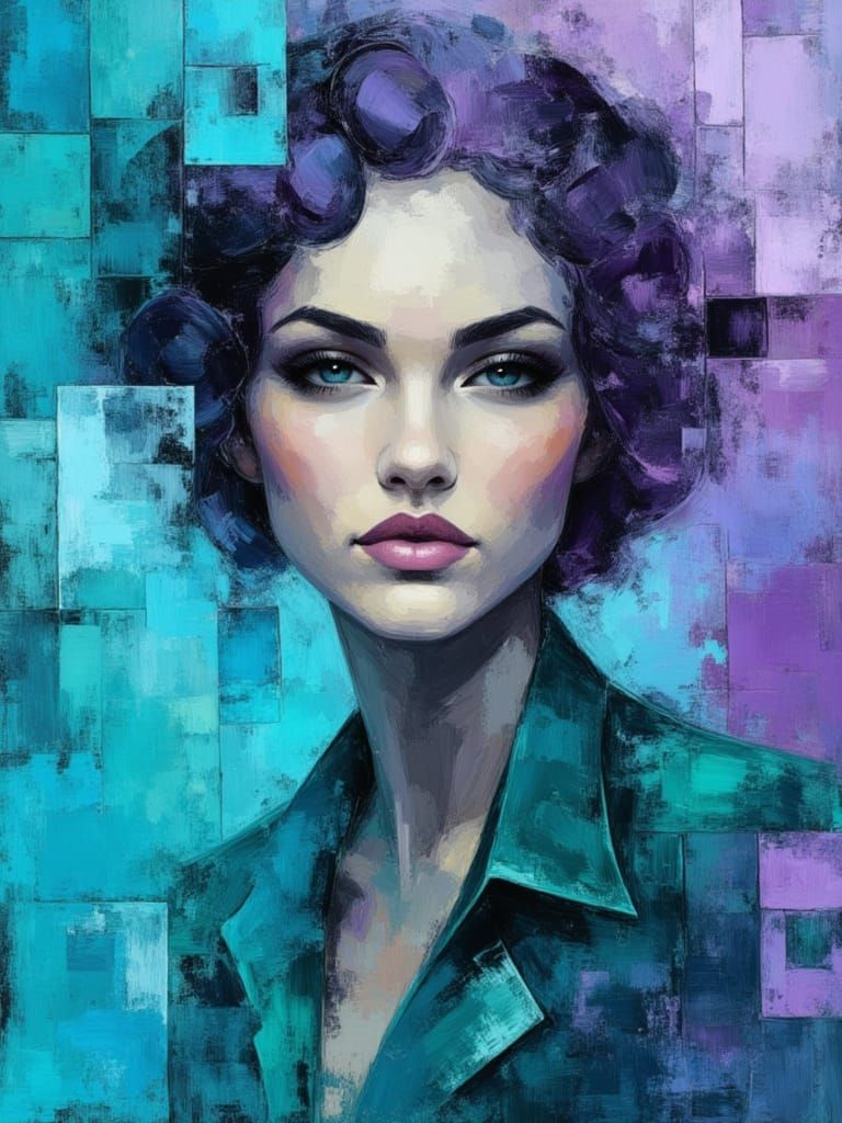 <lora:Messy oil:1.0> <lora:Beauty:1.0> messy oil painting,  female, geometric shapes,  turquoise , purple, mauve, teal palette