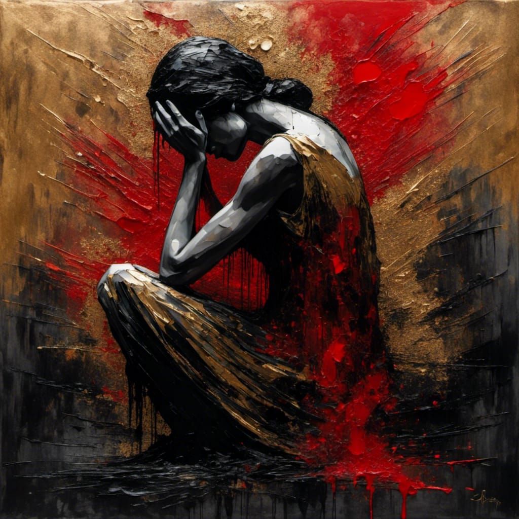 A woman crying in pain, anxiety, mental illness, kneeling, hands reaching the sky, mixed media, impasto 3d texture, very detailed, black out...