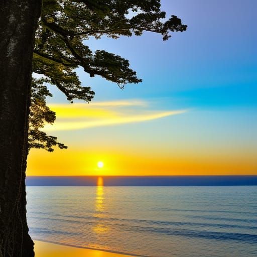 A tall, lean man, looking at a stunning sunset over a calm s...